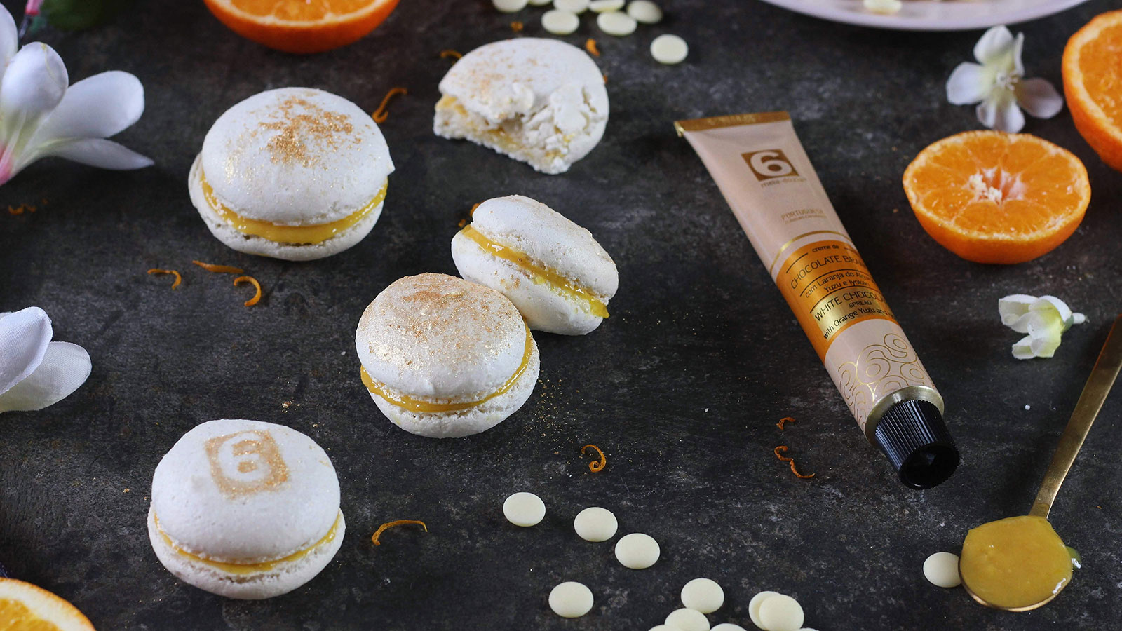 macarons with white chocolate spread and orange